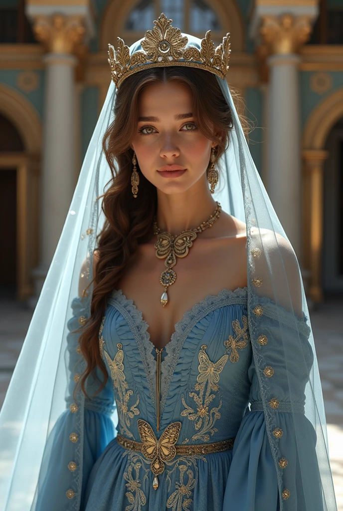 A sultana with loose brown hair, in a blue dress with butterfly lace and a veil and a crown and in the background the Topkapi Palace