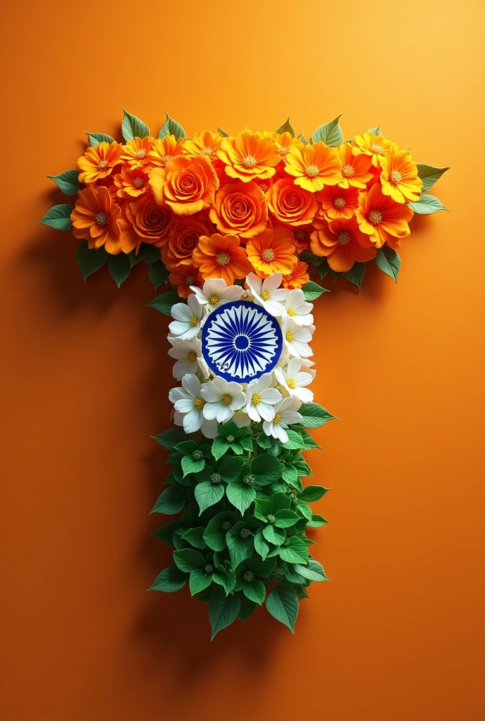 Create a realistic 3d image of alphabet "T" , made by tiranga, made by tiranga flowers,beautiful design, background is full with tiranga colour.