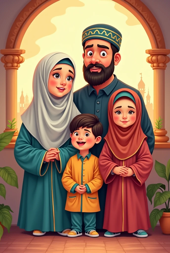 Create a cartoon illustration of my family.
Niqaabi wife with niqaab cover face
Bearded husband with thowb and myslim cap
1 elder girl big girl
4 years old old girl
Avoid showing face. Cover