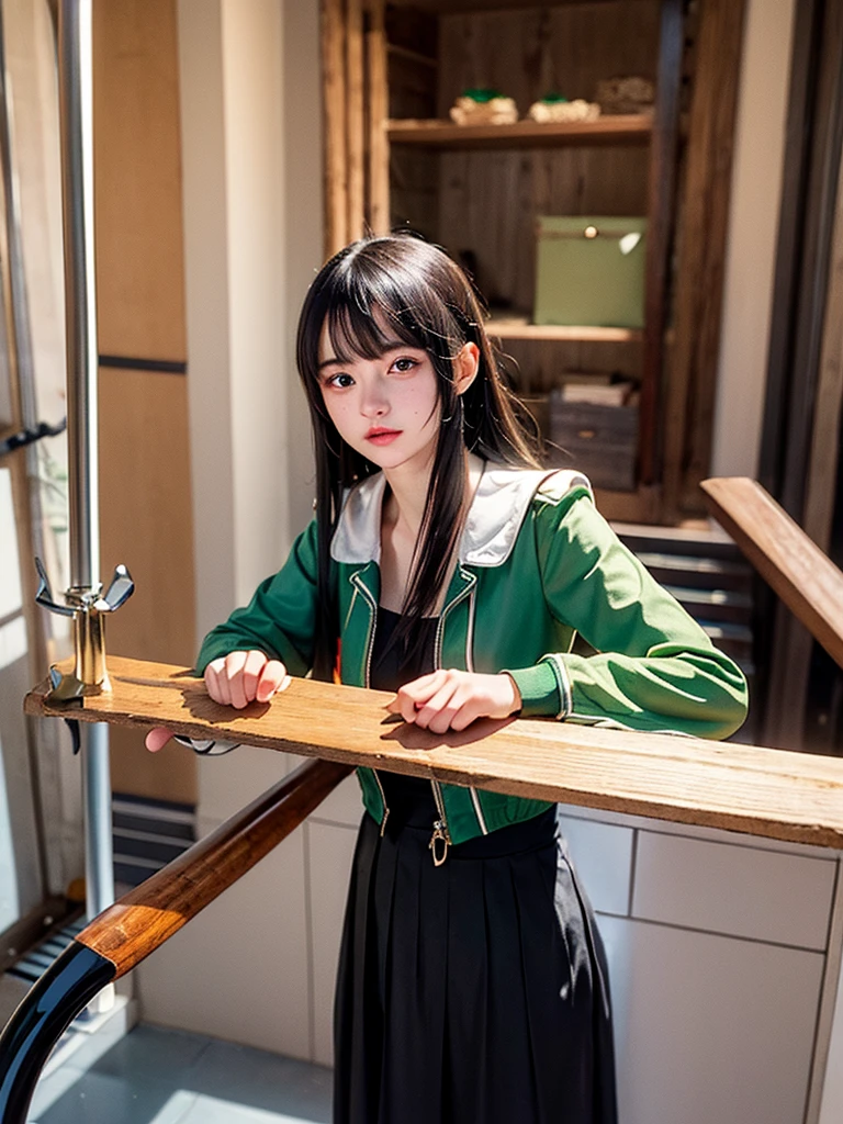 a 20 year old girl, with semi-long brown hair, bright emerald green eyes, with rosy lips, with a few freckles and dressed in a black uniform with a short, open skirt and a short, open jacket, wielding a scythe with cursed powers