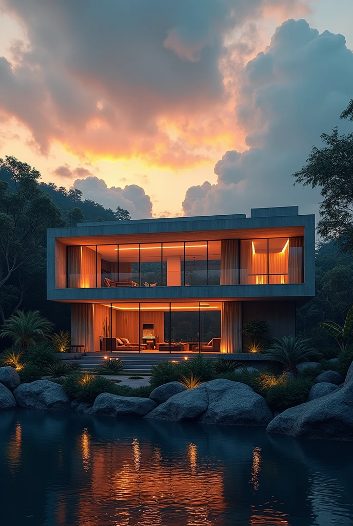 (((An amazing house))), (minimalism and brutalism style influence), (((with terraces))), (beautiful gardens), ((lake)), (((Ipoh Perak))), (in edge of a river), sunset, big, deep and beautiful clouds, illustration format, cool and warm color palette, high contrast, hard shadows (Masterpiece, highest quality), (Exquisite lighting and shadow, highly dramatic picture, Cinematic lens effect), (((Simon Stålenhag visual style))) 2 level house, most walls are made of glass, 200 square meter house, flat roof, architecture sketches, architecture drawings, drafts