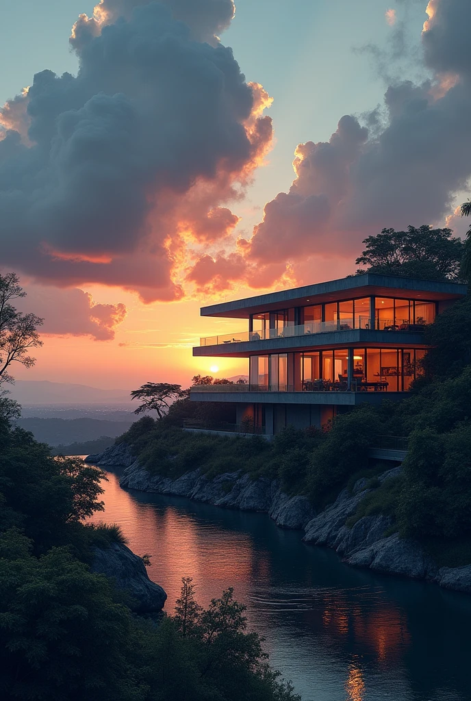 (((An amazing house))), (minimalism and brutalism style influence), (((with terraces))), (beautiful gardens), ((lake)), (((Ipoh Perak))), (in edge of a river), sunset, big, deep and beautiful clouds, illustration format, cool and warm color palette, high contrast, hard shadows (Masterpiece, highest quality), (Exquisite lighting and shadow, highly dramatic picture, Cinematic lens effect), (((Simon Stålenhag visual style))) 2 level house, most walls are made of glass, 200 square meter house, flat roof, architecture sketches, architecture drawings, drafts