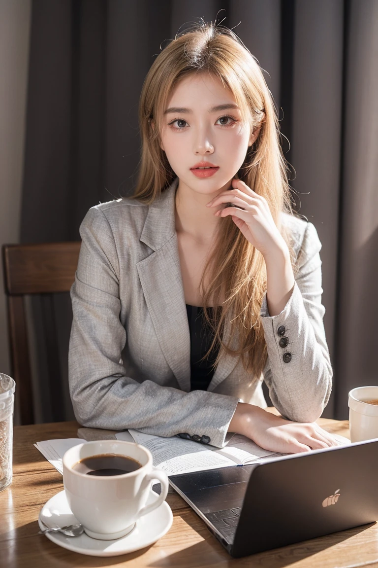 A poised young woman with stylish blonde hair sits at a desk, dressed in a light gray blazer over a dark top. She is focused on the viewer, with a laptop open in front of her and a white cup of coffee resting on the table. The background features soft lighting and blue curtains, creating a professional yet inviting atmosphere. And make the character direct look at the camara. The character full body see to the screan.