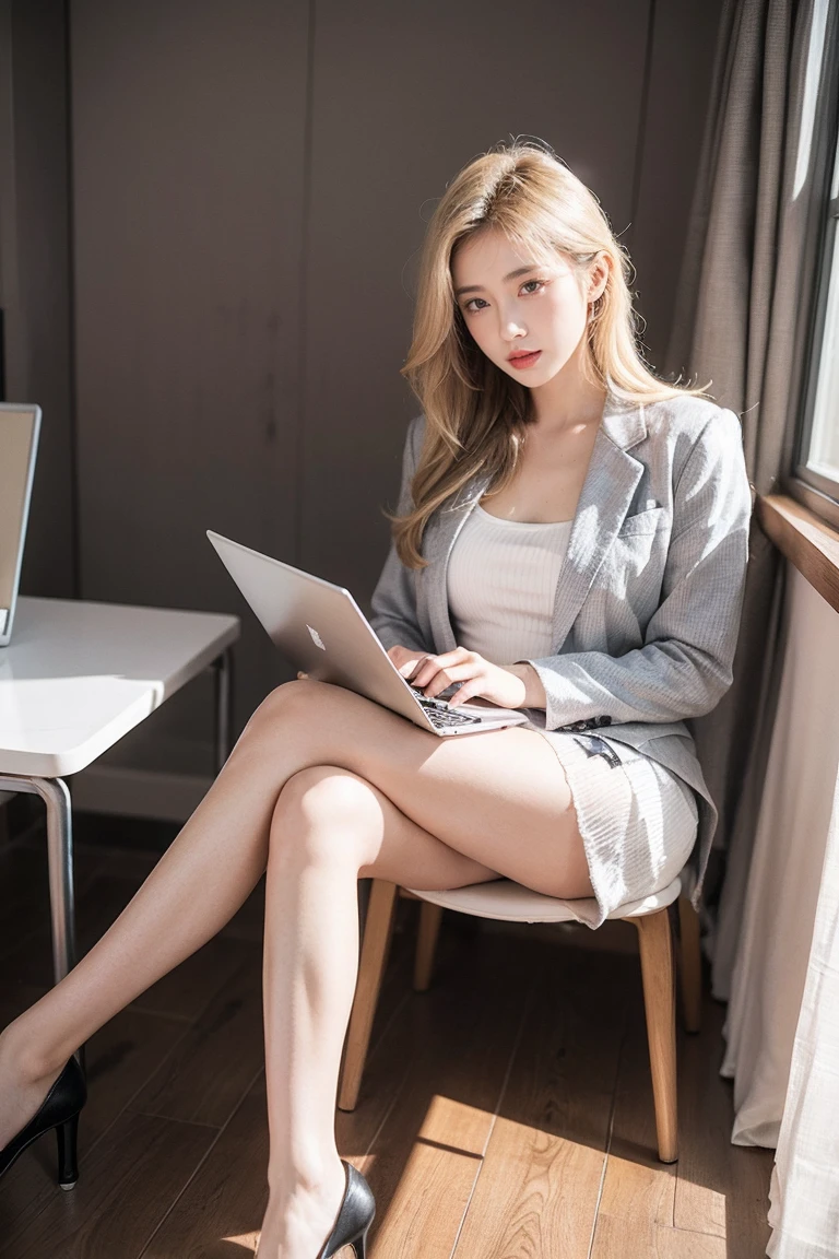 A poised young woman with stylish blonde hair sits at a desk, dressed in a light gray blazer over a dark top. She is focused on the viewer, with a laptop open in front of her and a white cup of coffee resting on the table. The background features soft lighting and blue curtains, creating a professional yet inviting atmosphere. And make the character direct look at the camara. The character full body see to the screan.