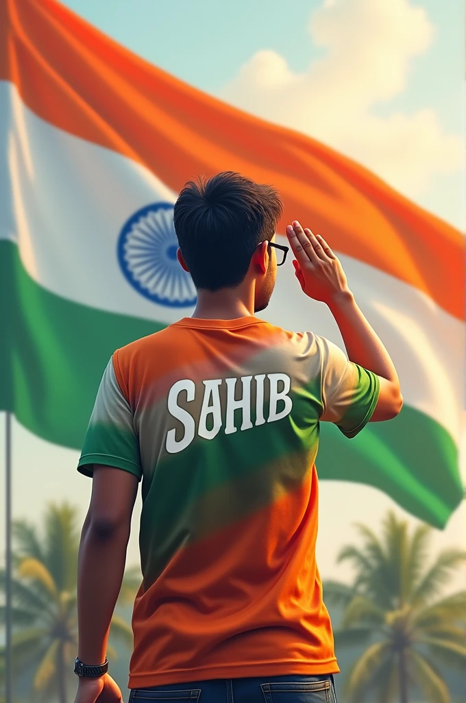 A person salutes the Indian flag with his right hand on 15th August and 'Sahib' is written on his colourful T-shirt