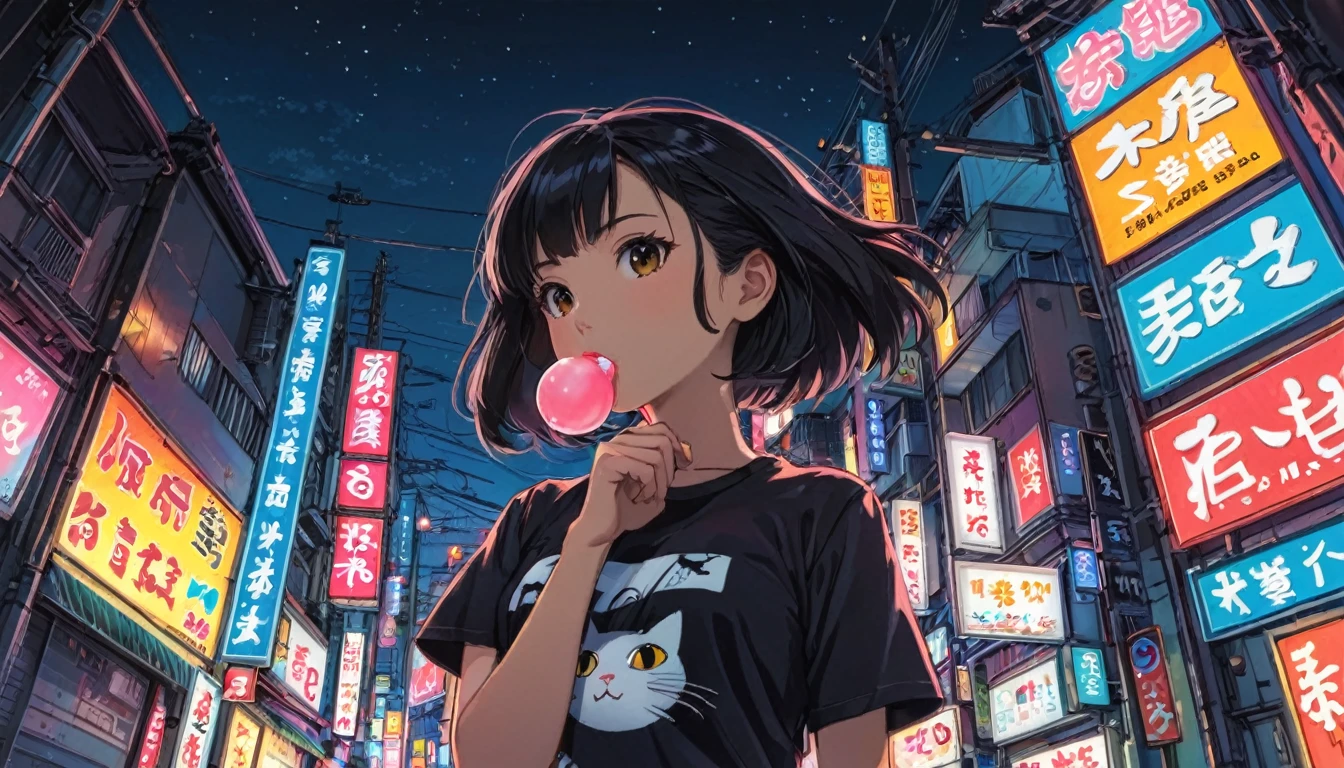 (((wide angle shot, from below, mid body))), Girl, black hair, Leaning against the wall, hand in pocket, T-shirt, White, Art, Retro, Cartoon Collage, little black cat on sholder, Chewing gum, tokyo city night background, neon light, detailed background, Anime Style