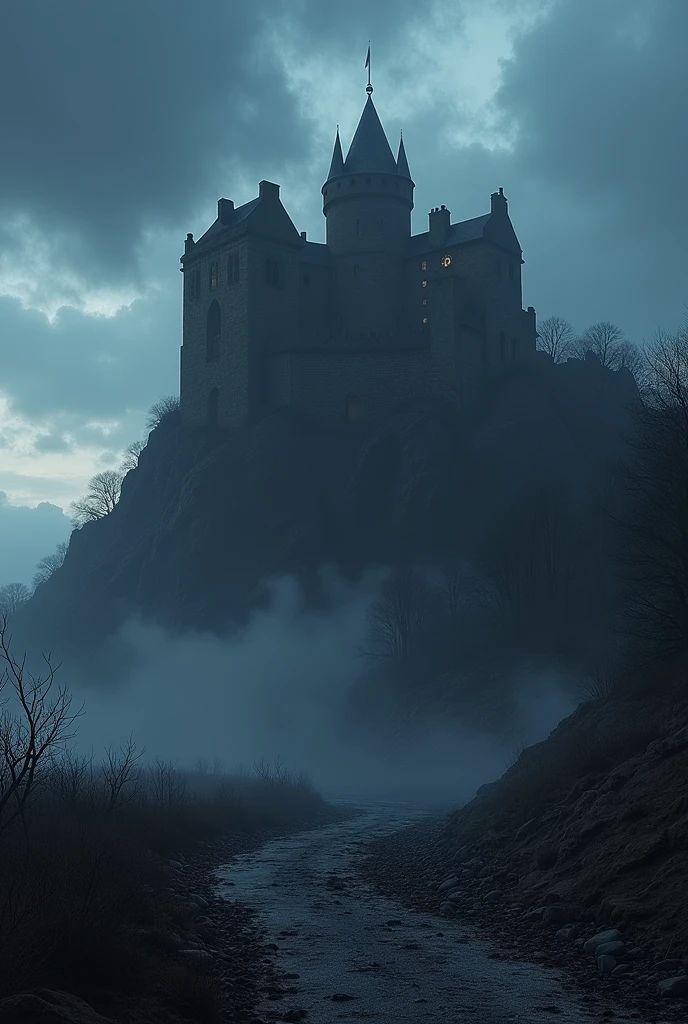 A wide view of Edinburgh Castle at twilight, perched on a rocky hill, with dark clouds gathering above. The castle looks imposing and ancient, with a foreboding presence. The surrounding landscape is barren and desolate, with mist creeping up the hill. The scene is filled with a sense of mystery and danger, as if the castle itself is alive and watching.”