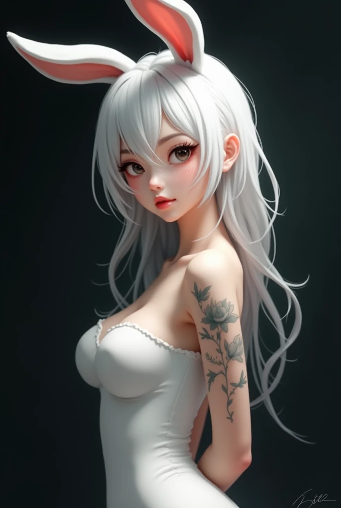 ((korean teen)), arms behind back, cute, (huge tits), ((pale skin)), , (white hair), bunny ears, white panties, black background, beautiful, model, small, ((tattoos)),