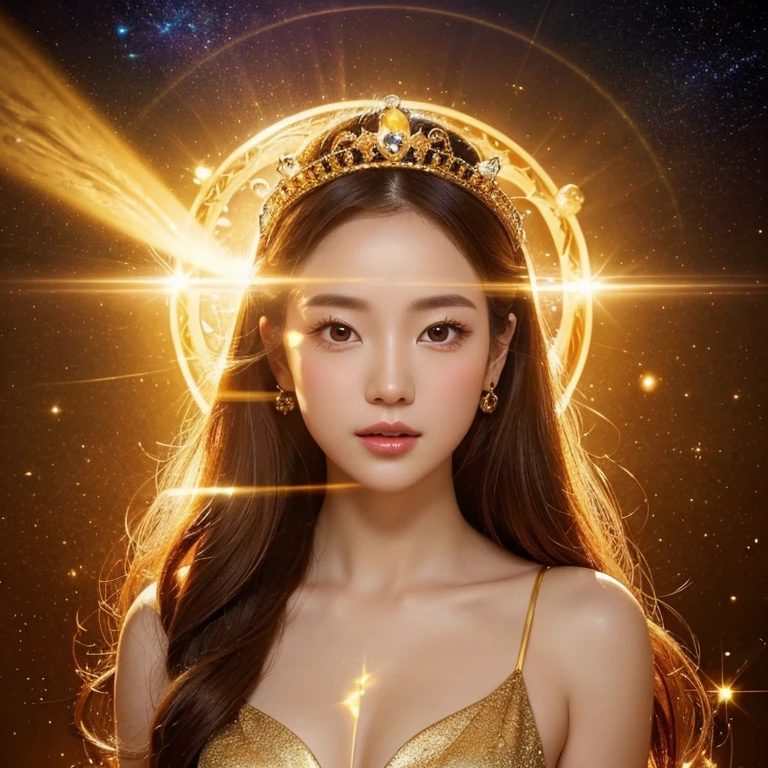 Close-up of a woman wearing a golden dress、The background is shining with a halo.、Abstract images, Beautiful Celestial Magician, Heavenly Goddess, Golden ethereal light, Fantastic fantasy, Beautiful Fantasy Empress,, Goddess of space and time, Shining golden aura, Goddess of Light, A surprisingly young and mysterious person,