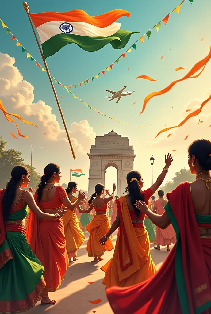 "Design a vibrant Independence Day scene for India's 78th celebration. Capture a festive atmosphere with a backdrop of iconic Indian landmarks like India Gate or the Red Fort. The Indian national flag should be prominently displayed, and the scene should include diverse groups of people engaging in traditional dances such as Bharatanatyam or Bhangra, adorned in colorful attire. Incorporate elements like the Ashoka Chakra, patriotic bunting, and subtle nods to historical figures like Mahatma Gandhi. The overall mood should convey joy, unity, and national pride."