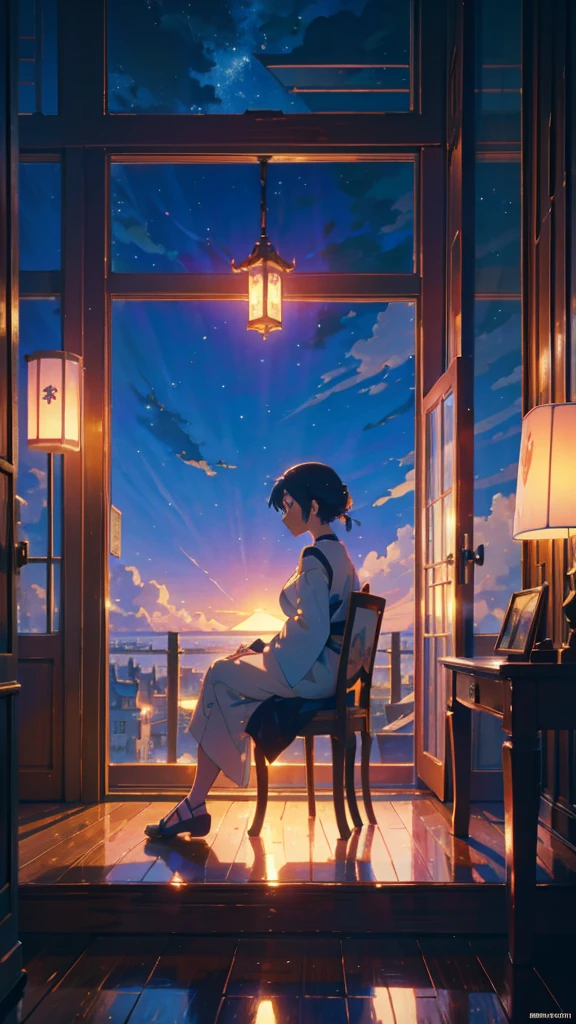 A woman sitting in front of a window watching an Anime Scene with a sea view, Atmospheric anime, Beautiful peaceful scene in anime, beautiful Anime Scenes, Anime Atmosphere, Korean Art Nouveau Animation, Gore anime screenshot, Anime movie screenshots, Conrad Rothe and Makoto Shinkai, Anime movie stills, Kyoto Animation Style, Anime Scene, Surrealism, cinematic lighting, UHD, highres, best quality, super detail, 8k