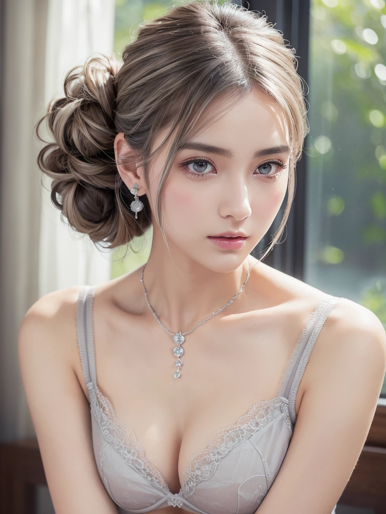 Grey lace thong bra,(See-through)、Small breasts, (((とてもエレガントでbeautiful, Perfect detail, Very detailed))), whole body, The most detailed girl, Written boundary depth, 美しくdetailedなwhole body, Thin legs, 1 person, 30 years old, Very short hair, Spiked Hair, Gray and silver hair, beautiful detailed hair, Perfect Face, Expressionless, beautiful, detailed, Deep Eyes, Open your mouth a little, Delicate arms and hands, Pale skin, Earrings, beautiful and gorgeous necklace, Colorful background, HD background, Blurred Background, とても繊細でbeautiful, masterpiece, (((Highest quality, とてもbeautiful8K CG壁紙))), (((Trendy hairstyles))), (Inside the room,Stylish interior,window),Be sure to watch your audience、