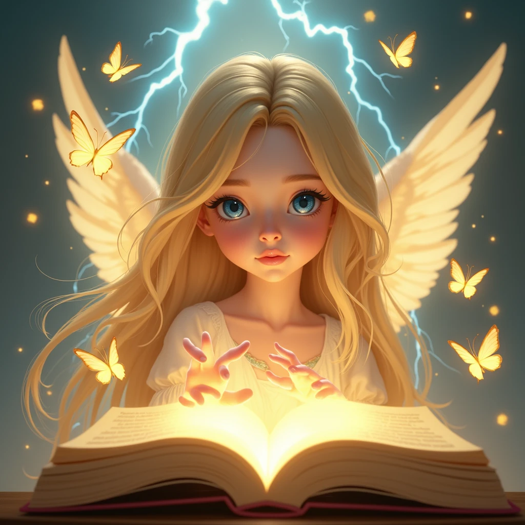 A disney girl living angel coming out from a Bible ... Her surroundings is lightning with golden butterflies... She spreads her hand towards the butterflies her golden hair flattering in air... Closeup shot of her beautiful face blue eyes