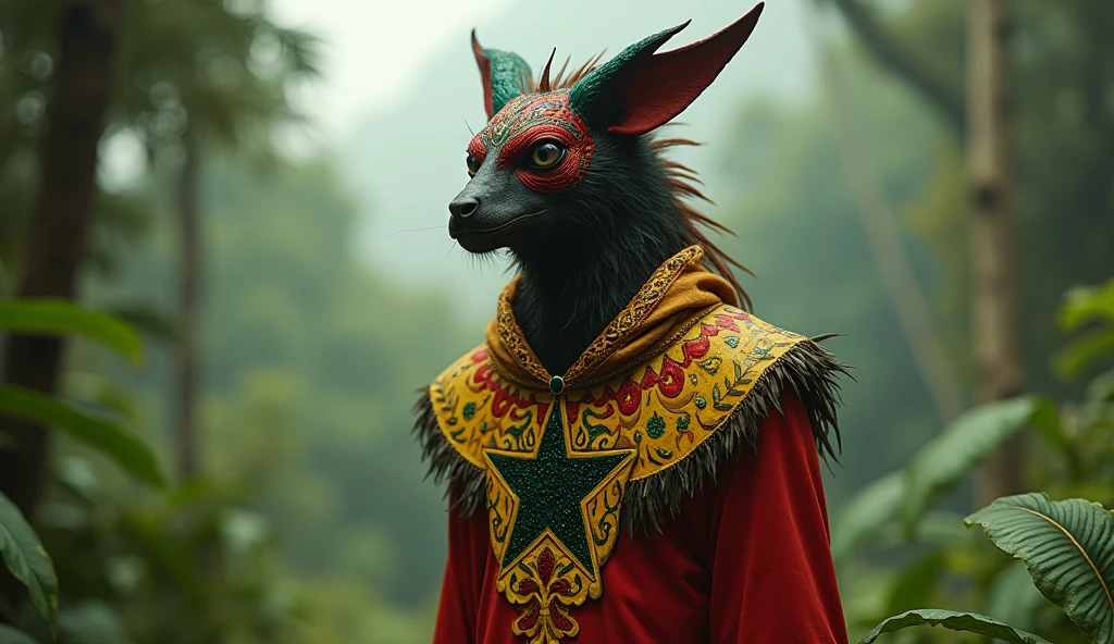 Guinea-Bissau as a jungle african League of Legend creature in carmine red, yellow and emerald green with a black five-pointed star. Intricated clothing. Cinematic Fantasy sci-fi landscape background