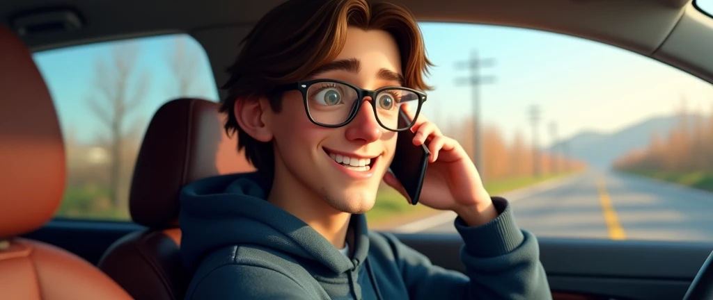 a male animated movie character in the Disney Pixar style, high qualiy, best quality , black fleece sweater blue shirt , Wear nerd glasses, , long hair , Happy young man , is talking on the smartphone, funny comedy scene , is inside his car, traveling on the road