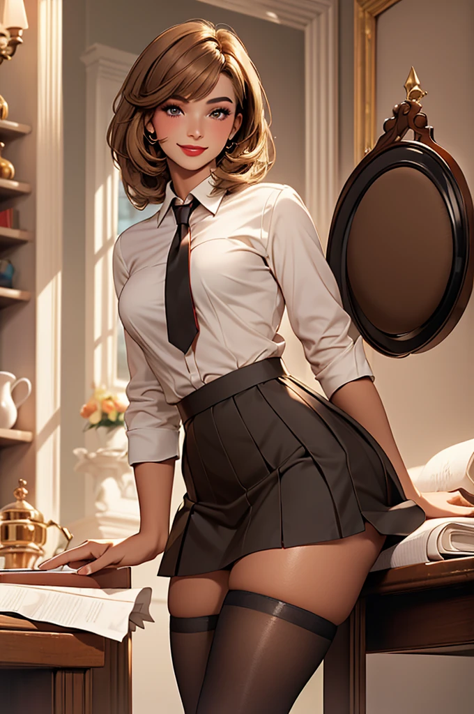 Femboy, best quality, masterpiece, cielv2, 1boy, solo, looking at viewer, light smile, light brown hair, shoulder-length hair with bangs,  honey colored eyes, makeup, red lipstick, eyeliner, secretary uniform, white shirt, black skirt, tight skirt, black stockings, black heels