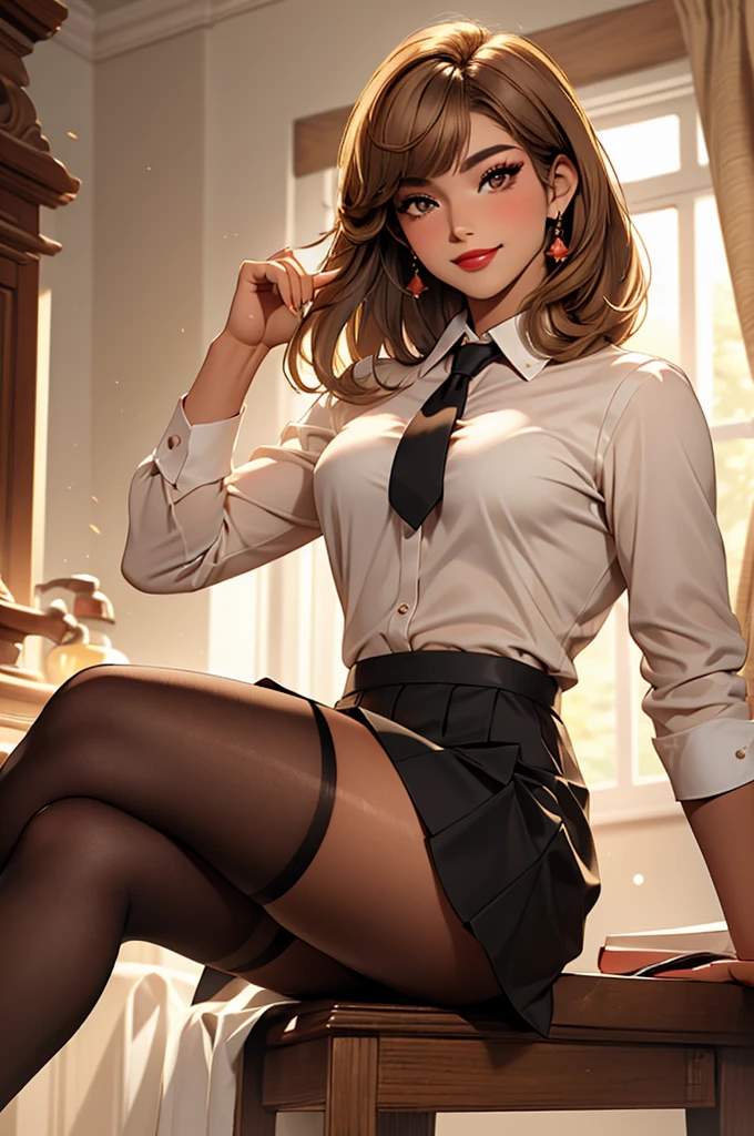 Femboy, best quality, masterpiece, cielv2, 1boy, solo, looking at viewer, light smile, light brown hair, shoulder-length hair with bangs,  honey colored eyes, makeup, red lipstick, eyeliner, secretary uniform, white shirt, black skirt, tight skirt, black stockings, black heels