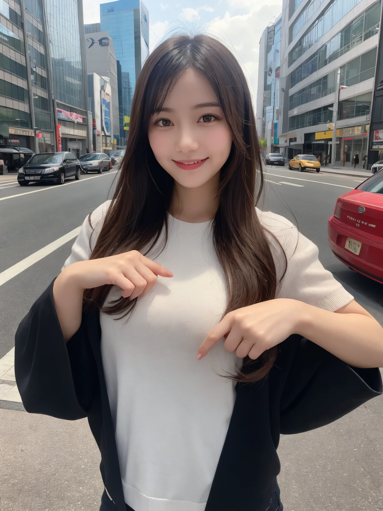 1girl, 22 years old, cute and beautiful, solo, highres, best_quality, masterpiece, detailed_background, intricate_details, beautiful, osaka, umeda_sky_building, cityscape, futuristic, modern_fashion, smile, looking_at_viewer, dynamic_pose, natural_pose, candid, happy