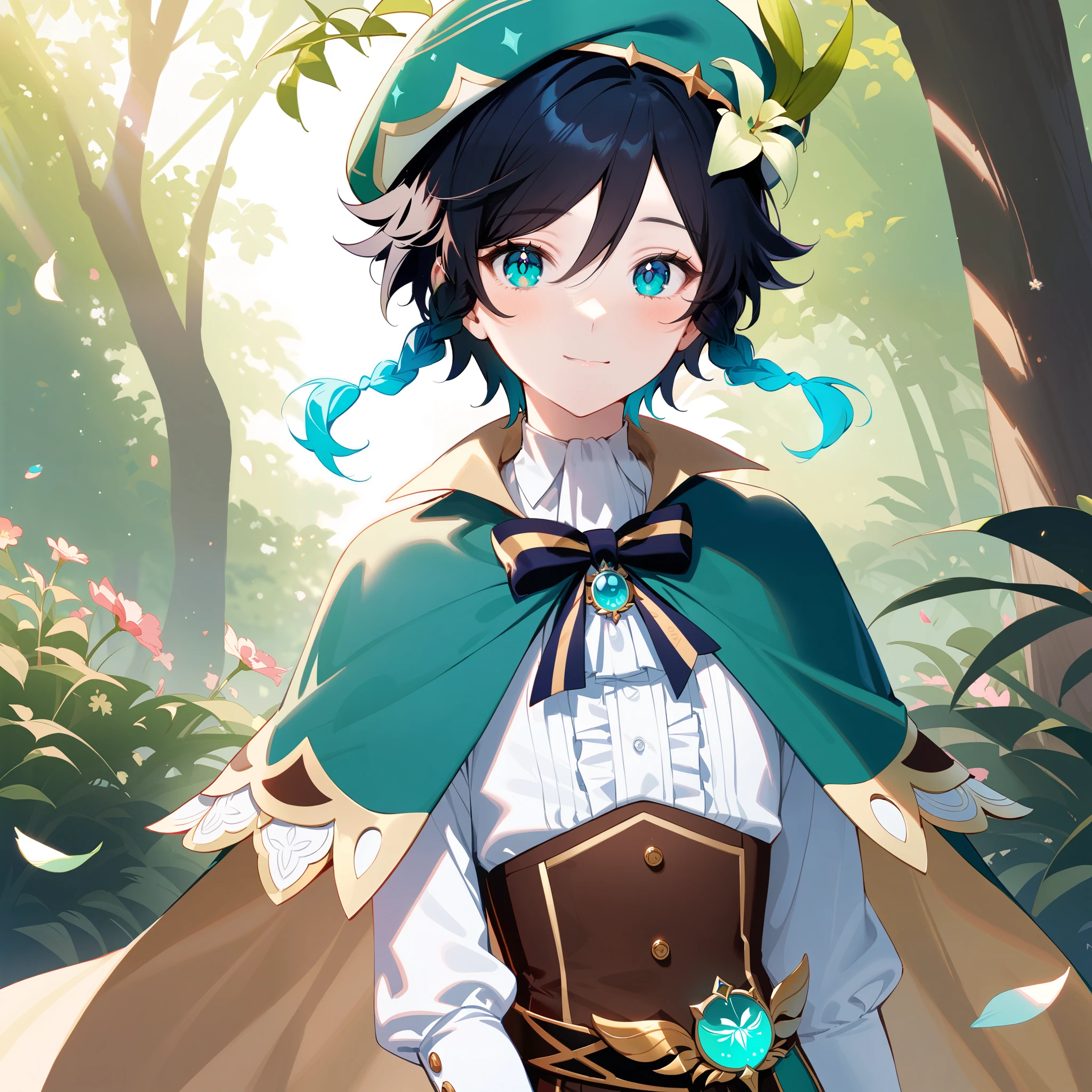 (best quality,4k,8k,highres,masterpiece:1.2),1boy,venti genshin impact,male focus,flat chest,ultra-detailed,realistic,(dsmile:0.5),morning of spring,delicate light rays,rich color palette,elegant curves,effects of light and shadow,flower petals falling,springtime essence,ethereal atmosphere,peaceful garden background,morning dew,soft sunlight filtering through trees,lush plants,komorebi,vividly colored blossoms,transcendent beauty,awe-inspiring artwork,white long-sleeved shirt, brown corset,green shorts, white tights,green cape,hat,brooch,green eyes,wise and kind god,cinematic lighting, ray tracing, UHD, high details, high quality, award winning, super detail,wind magic