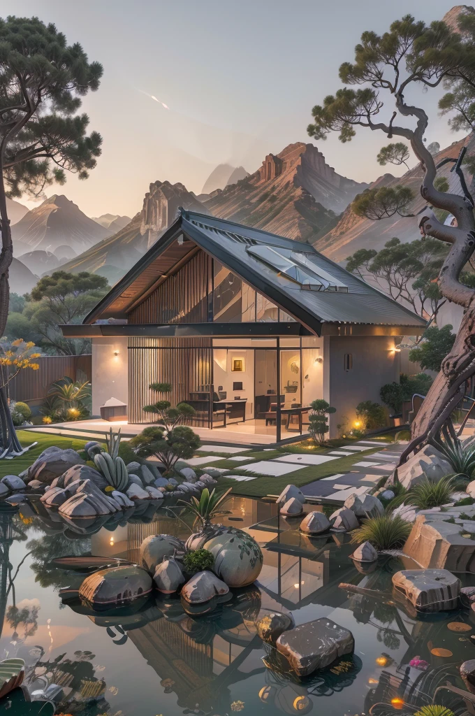 small and beautiful modern house in top of big boulders, terraces, pool, stairs, multiple cacti gardens, palms, trees, rocks, beautiful landscape design, mountains and volcano y background, amazing clouds, sun, moon, planets, milky way galaxy, concrete, wood, glass and steel materials, olive green, violet, orange and withe colors in facade