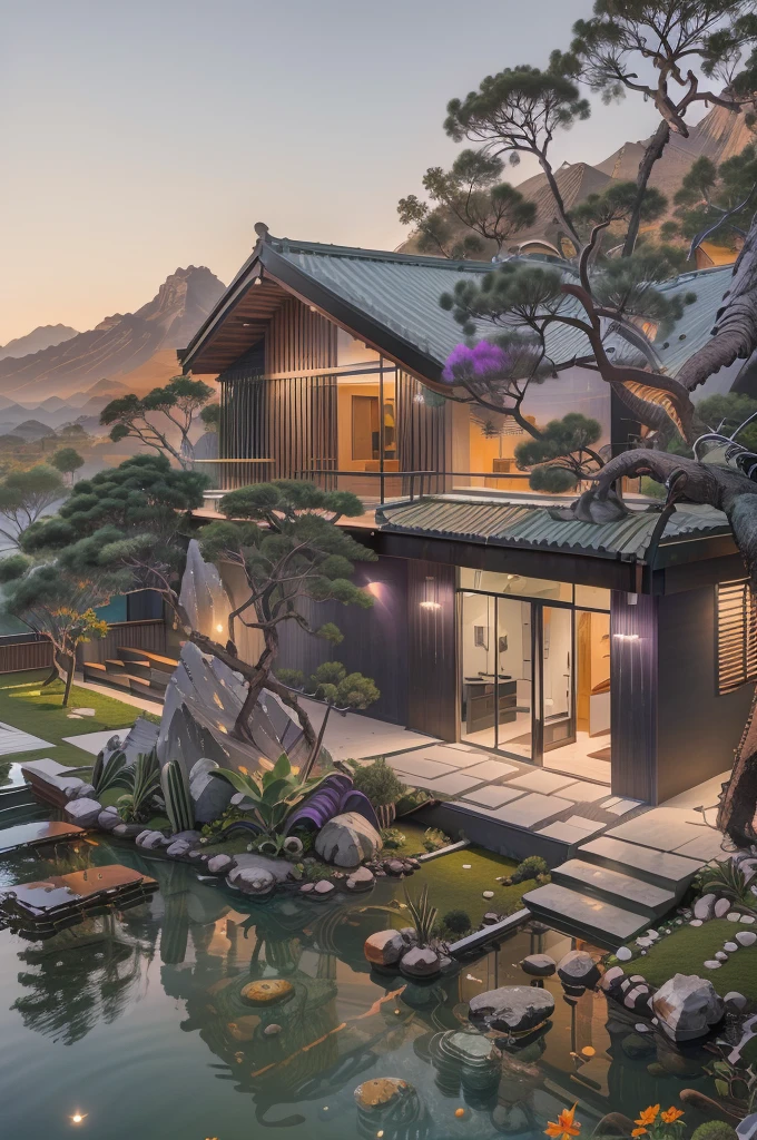 small and beautiful modern house in top of big boulders, terraces, pool, stairs, multiple cacti gardens, palms, trees, rocks, beautiful landscape design, mountains and volcano y background, amazing clouds, sun, moon, planets, milky way galaxy, concrete, wood, glass and steel materials, olive green, violet, orange and withe colors in facade