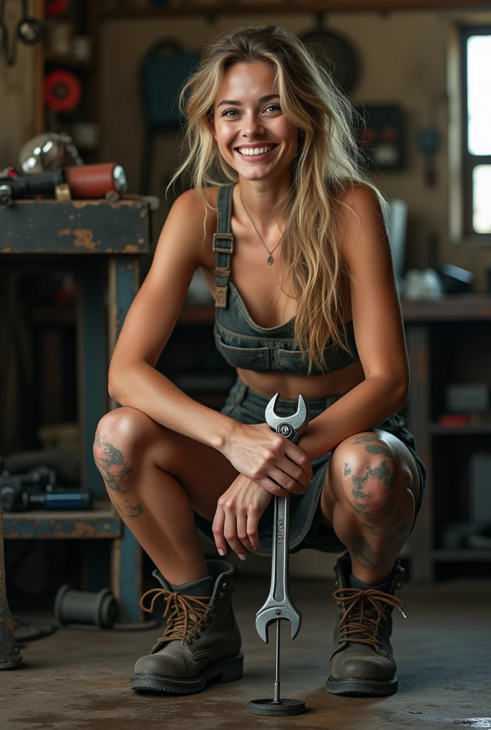 beautiful smiling, holding a screwdriver between his legs (squatting on mechanic's stool object) between her legs squatting with her legs open, her skirt lifted , A woman wearing a crop top in a mechanic's workshop holding tools, fixing a machine , work boots , overalls skirt, wrench holding it with both hands ,many stained with grease on the legs well defined hands