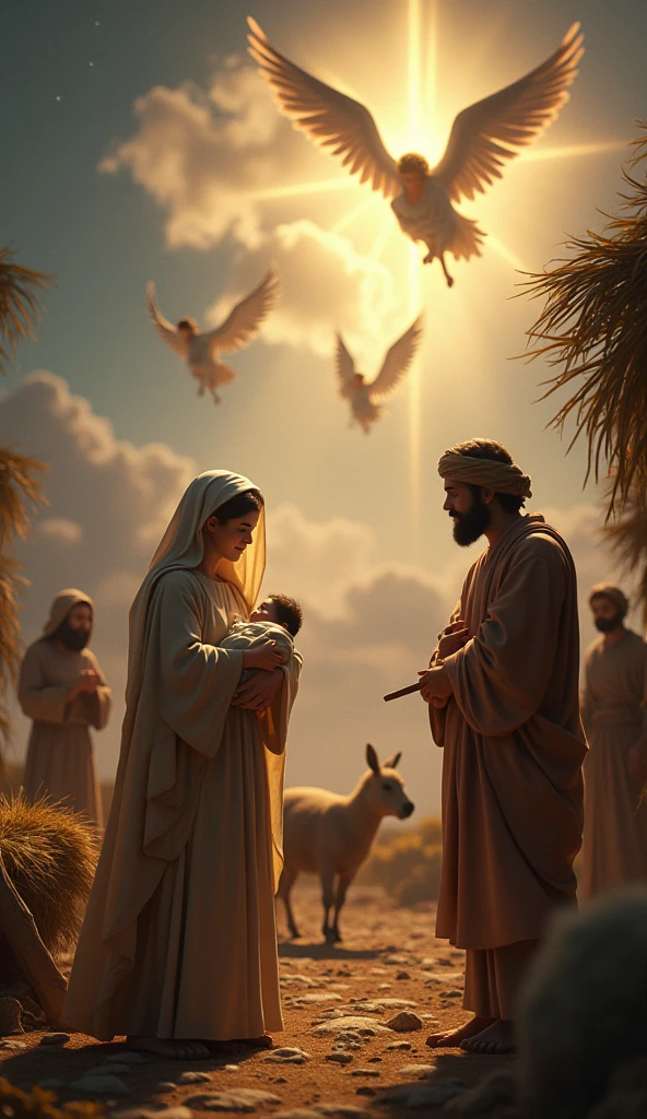 Create an ultra-realistic image in 8k "A serene and sacred scene of Jesus' birth in Bethlehem. Mary is depicted, a young woman dressed in simple clothes, holding the newborn baby Jesus in their arms, with Joseph at her side, both with expressions of reverence and joy. The setting is a humble manger, surrounded by animals like sheep and a donkey. in the sky, a bright star illuminates the scene, symbolizing the star of Bethlehem. Ao fundo, wondering shepherds and glorious angels flying over the scene, with bright halos and open wings, adding a celestial touch to the environment. The atmosphere is one of peace and holiness, with soft lights highlighting the baby, representing Emmanuel, 'God with us'.'"