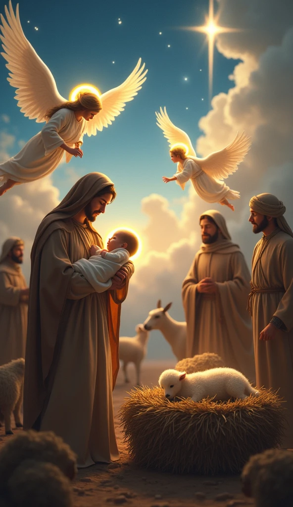 Create an ultra-realistic image in 8k "A serene and sacred scene of Jesus' birth in Bethlehem. Mary is depicted, a young woman dressed in simple clothes, holding the newborn baby Jesus in their arms, with Joseph at her side, both with expressions of reverence and joy. The setting is a manger, surrounded by animals like sheep and a donkey. in the sky, a bright star illuminates the scene, symbolizing the star of Bethlehem. Ao fundo, wondering shepherds and glorious angels flying over the scene, with bright halos and open wings, adding a celestial touch to the environment. The atmosphere is one of peace and holiness, with soft lights highlighting the baby, representing Emmanuel, 'God with us'.'"