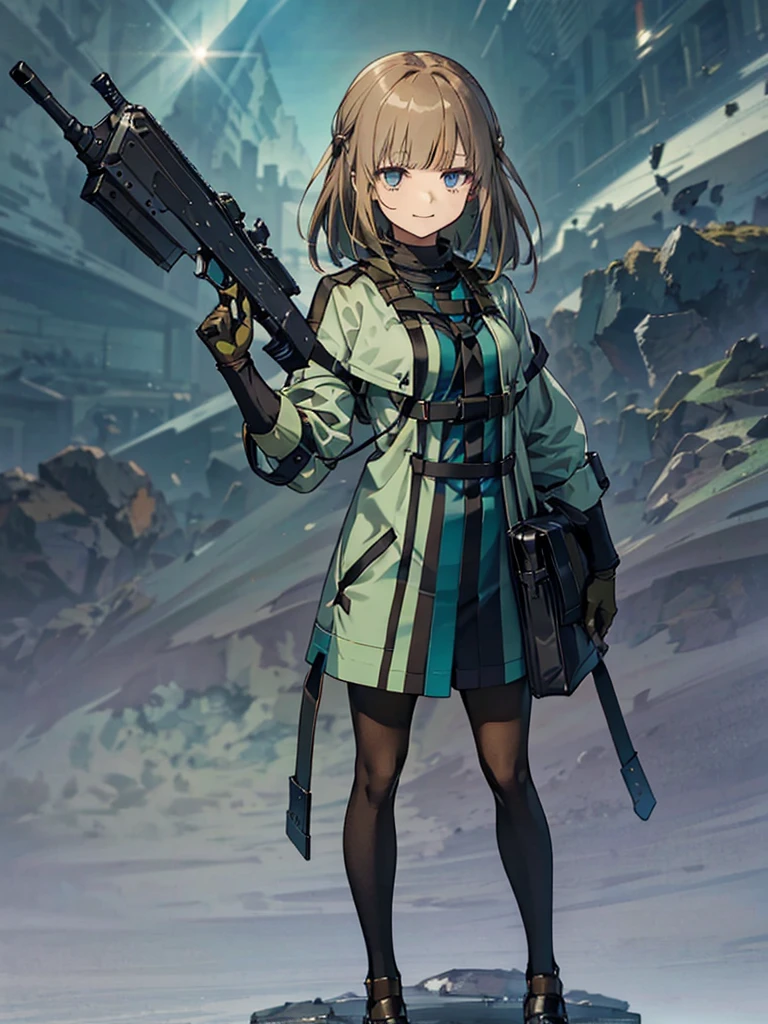 Empty City, A town above the clouds, Sky City,Black Eye,green hair,Green duffle coat, Attention, Holding_gun, assault_rifle, Very detailed, Brown Hair, Long Hair, Anime Style, whole body, alone, Stylish Gunfighter Girl, スチームパンクの長gun身ピストルを持っている,