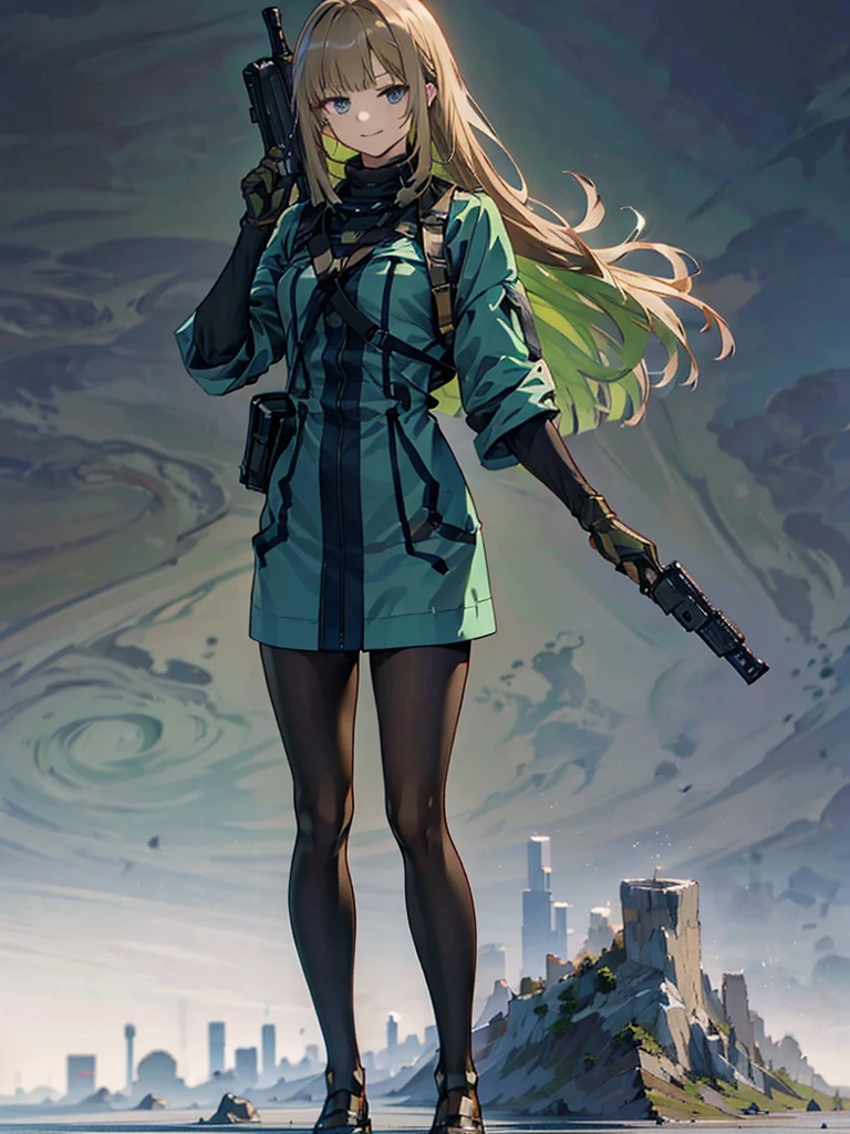 Empty City, A town above the clouds, Sky City,Black Eye,green hair,Green duffle coat, Attention, Holding_gun, ault_rifle, Very detailed, Brown Hair, Long Hair, Anime Style, whole body, alone, Stylish Gunfighter Girl, スチームパンクの長gun身ピストルを持っている,