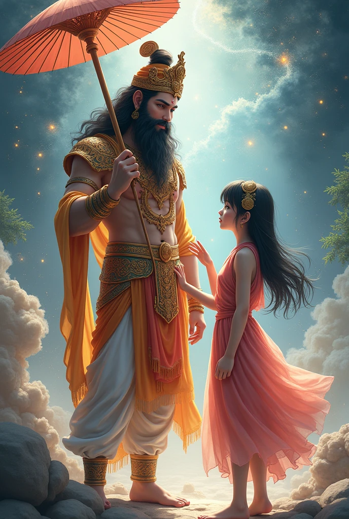 Anime girl standing . Hanuman ji wearing beautiful god costume. Hanuman ji holding umbrella and blessings