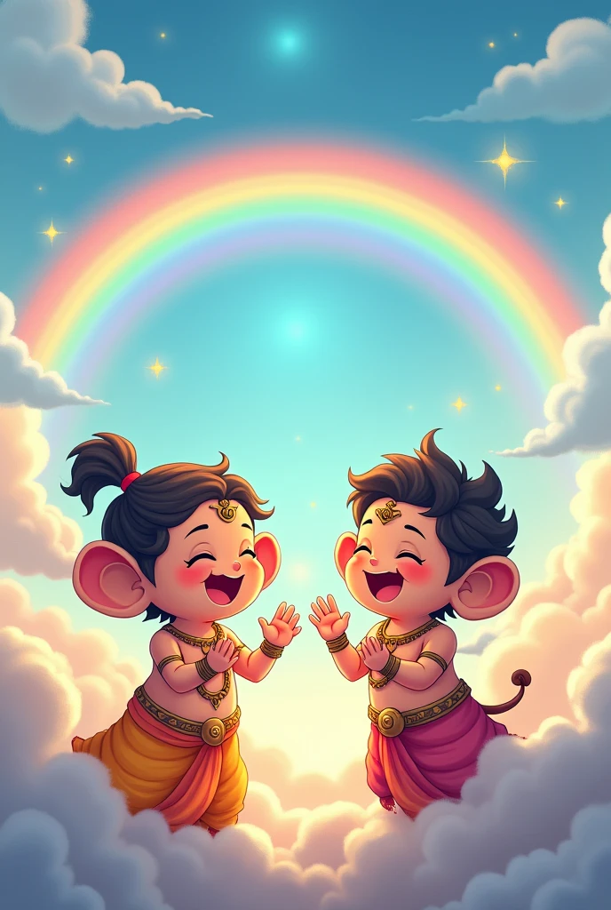 Ganesh and murugan are laughing at the clouds ,heaven , cartoon, cool , smart , little ears , manga, sun shine , rainbow 