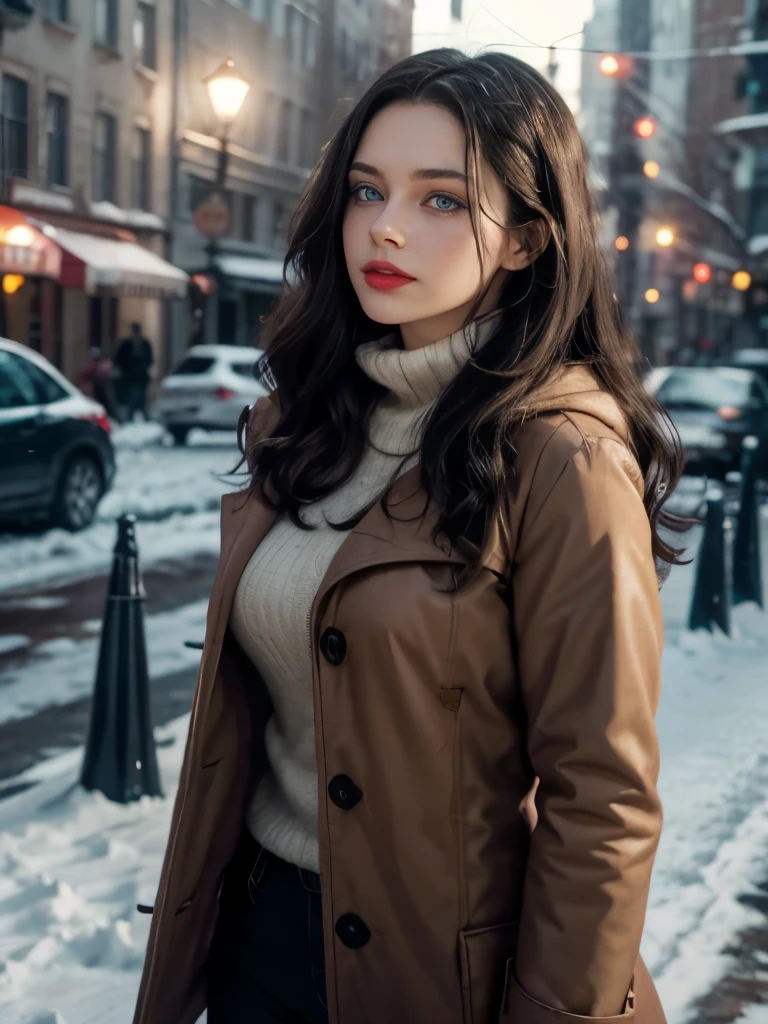 Caucasian woman; ((black hair)), wavy hair, long hair, hair parted in the middle; ((blue eyes)), ((striped eyes)), ((highlight blue eyes)), Bright eyes, (eyes with reflections); (((red lipstick))), (bright lips), constitute; smile, ((athletic body)), (medium breasts), (((legs))); Standing in the snowy city, ((wearing a brown coat)), ((brown pants)), (many people), Realistic, cinematic lighting, bokeh, edge lighting, backlit; side shot. 