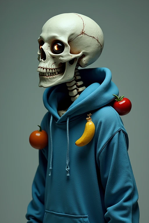 Skeleton！With eyes fixed on、It's not a person to wear clothes！Clothes are blue hoodie！Food attached！Lower the height quite a bit！