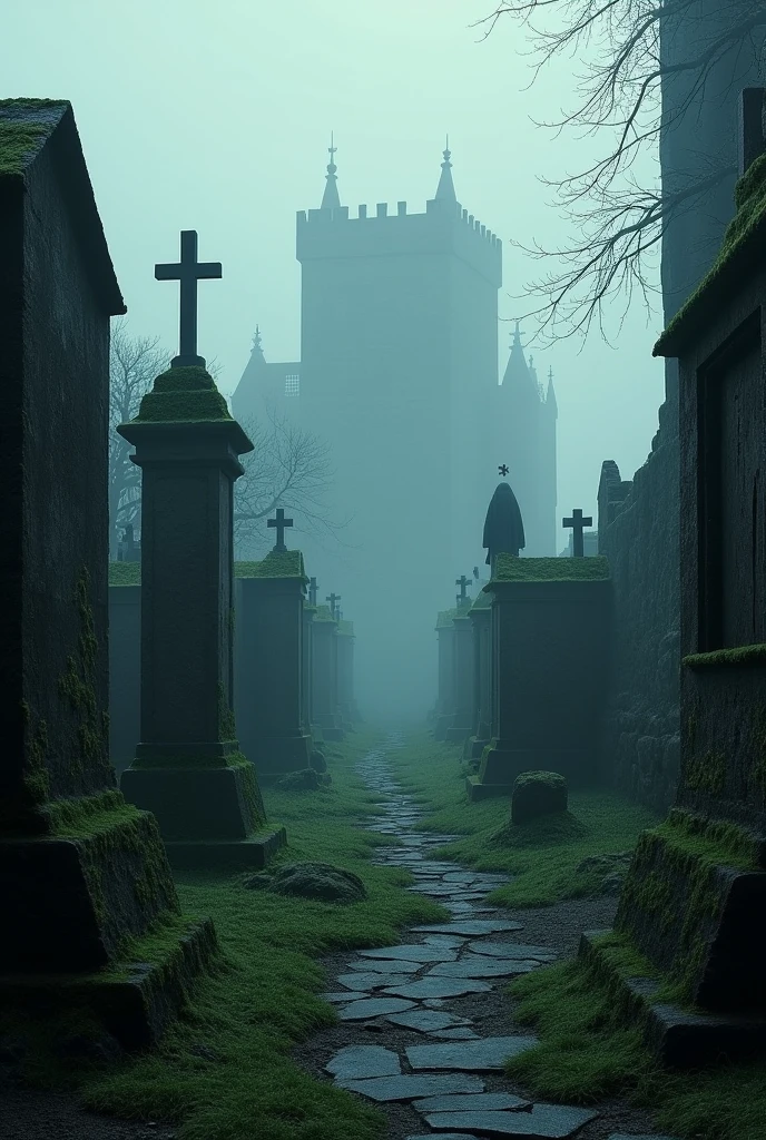 An eerie graveyard within the walls of Edinburgh Castle, with ancient tombstones covered in moss and fog swirling around them. The graves are uneven and cracked, some with faint ghostly apparitions hovering above them. In the distance, the silhouette of the castle looms, adding to the sinister atmosphere. The scene should evoke a sense of deep, hidden secrets buried within the castle’s history.”