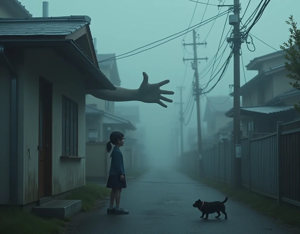 A small Japanese residential area shrouded in morning mist、A construction site with defects has a portion of the wall blurred out, and a black hand is reaching out from it toward a dog.、A young elementary school girl with glasses standing nearby, looking surprised.、A pug and French bulldog mix、Creepy、Creepy、Very detailed、Cinematic lighting、Dramatic colors、Moodyな雰囲気、(Highest quality、4K、8k、High resolution、masterpiece:1.2)、Super detailed、(Real、Photorealistic、Photorealistic:1.37)、Dramatic lighting、Dark Shadows、Moody、mysterious、Surreal、Creepy