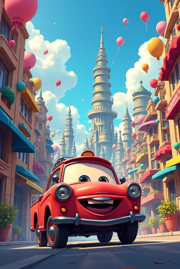 A car and a cartoon city