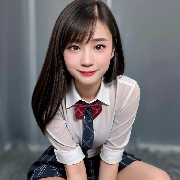 (kawaii 18 year-old Japanese girl is standing on the floor, leaning forward, reaching two hands for one's knees, Nogizaka idol, Korean idol), healthy female athlete body, (glossy black hair, short hair, pixie cut, bangs:1.3), (rounded face, pure black eyes, single eyelid, no makeup, best smiling:1.2), (wearing Japanese school uniforms, blazer jacket, collared shirt, bow tie:1.3), extra small breasts, (plaid skirt, healthy bare thighs visible:1.3), BREAK, (simple grey background:1.3), (dynamic angle, cowboy shot, thigh focus:1.2), BREAK, (masterpiece, best quality, photo realistic, official art:1.4), (UHD, 8K quality wallpaper, high resolution, raw photo, golden ratio:1.3), (shiny skin), professional lighting, physically based rendering, award winning, (highly detailed skin, extremely detailed face and eyes, anatomically correct body), Carl Zeiss 85 mm F/1.4, depth of field, 1girl, solo,