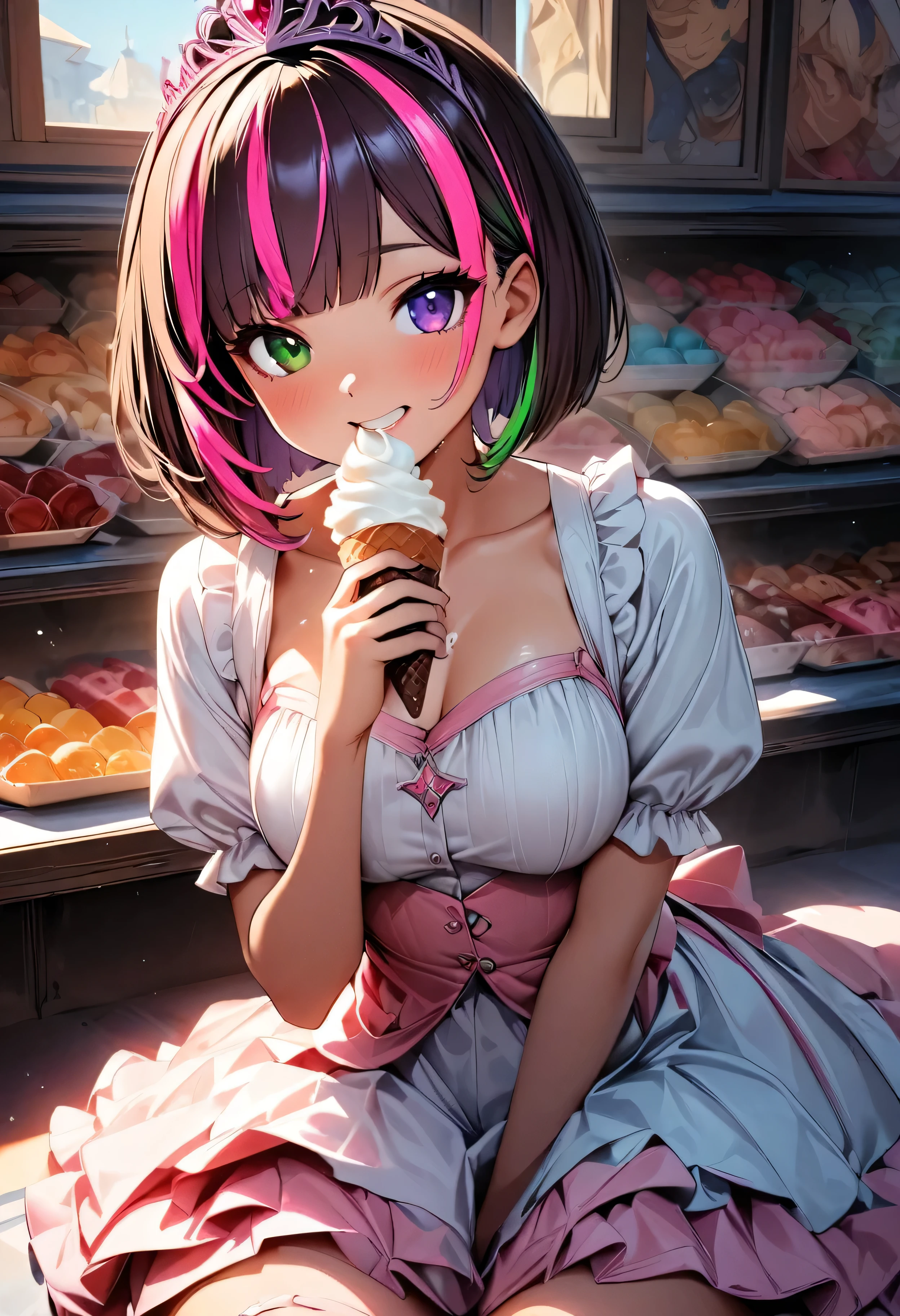 (highest quality:1.2, Very detailed, up to date, Vibrant, Ultra-high resolution, High Contrast, masterpiece:1.2, highest quality, Best aesthetics), Portraiture、girl、princess, solo, (25-years-old:1), slim, heterrochromia, green eye, red eye, extra short hair, ((bob cut:1.5))、pink and purple, ((streaked hair:1.9)), (highlights hair: 1.6), Pink Princess dress, (pink tiara:1.5), (medium breast:0.7), (tan skin:0.5), (happy:1.8), sit surrounded by sweets:1, in house of sweets, pastel color wall, Eating soft serve ice cream, excessive cream on your cheeks, Bright colors、Beautiful fine details、Beautiful lip detail、look at viewer, full body