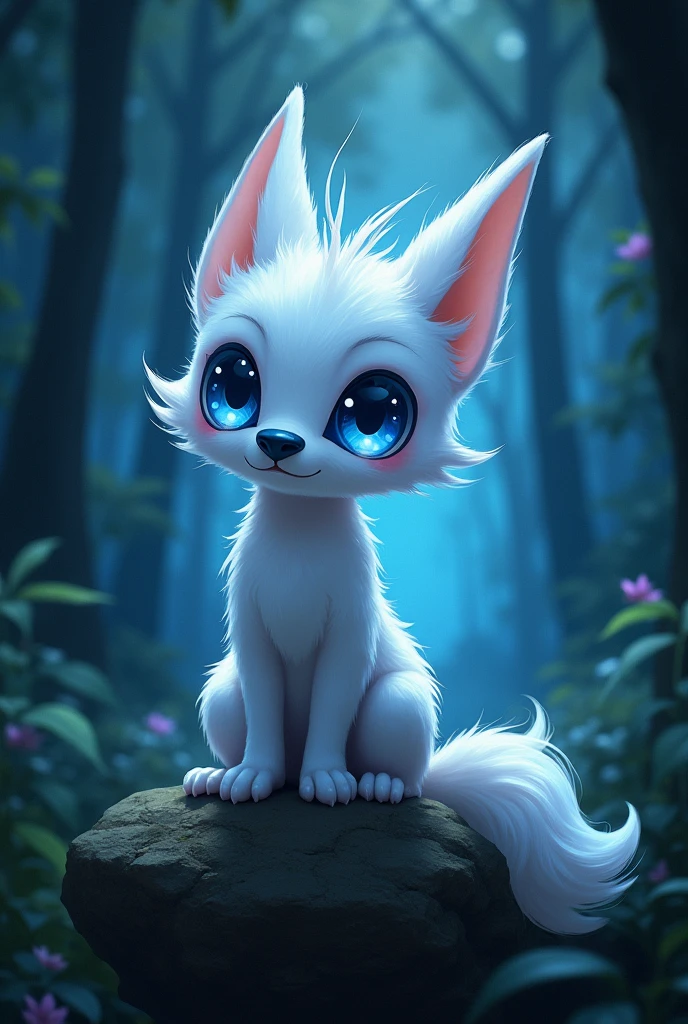 "Ori and the blind forest", Ori, shota, young, white body fur, blue sclera, white pupils, narrowed eyes, long ears, dark blue nose, :3, full body, feets with three toes, sit on rock, night, forest, detailed body fur, detailed face, detailed eyes, glistering body, shiny body, gorgeous body, looking at you, glowing body fur, solo, skinny long tail, hair antennae on head, guardian spirit, masterpiece,