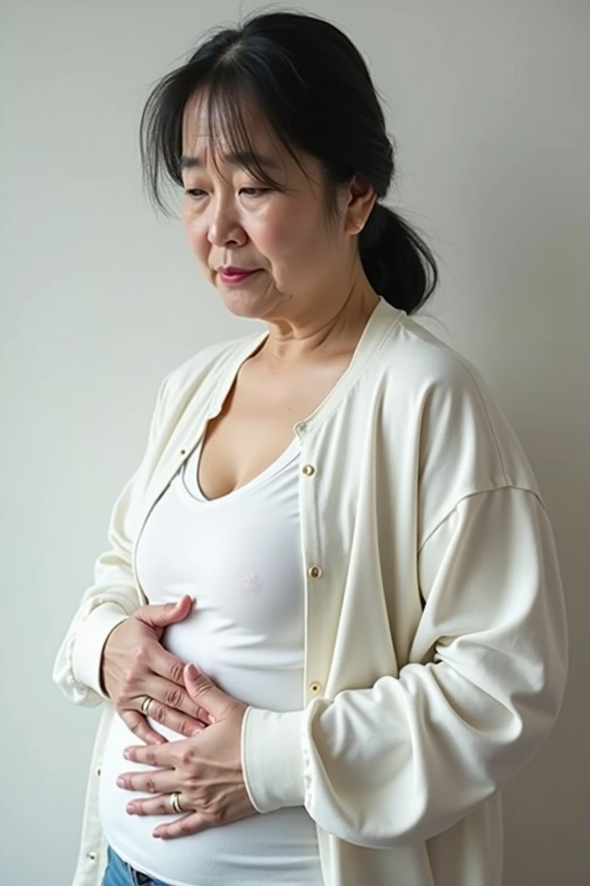 Upper body portrait of a middle-aged Japanese woman。Age around 50s。Body type is slightly overweight（BMI around 25-30）in、Abdomen has a gentle bulge。Female facing right、Slightly looking down。Expression shows anxiety and worry、Seems to be concerned about her own body shape。There are slight wrinkles between the eyebrows、Lips are slightly closed。Wearing a white jacket、Holding both hands on the stomach over the clothes。The gesture reveals self-consciousness and concern。The clothes should fit snugly against the skin、The clothes on the stomach should not be rolled up and expose the skin.。Composition is centered on the abdomen、Framed so that the entire upper body is visible。背景はシンプルin、The subject's inner conflict is emphasized。