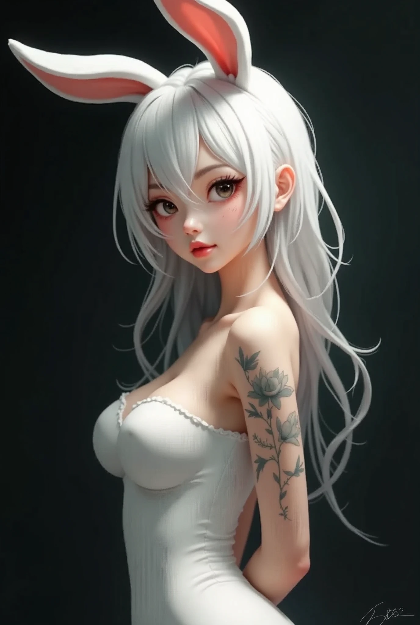 ((korean teen)), arms behind back, cute, (huge tits), ((pale skin)), , (white hair), bunny ears, white panties, black background, beautiful, model, small, ((tattoos)),