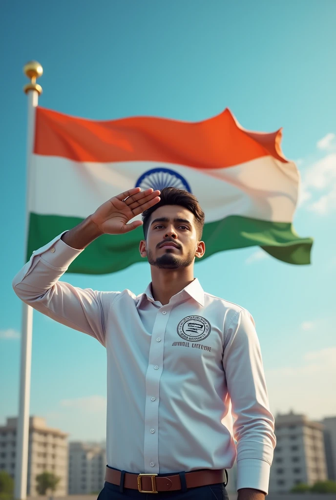 Make AI images where a guy is saluting the Indian flag and in his shirt "Zuventus Lifestyle" is written with zuventus logo.