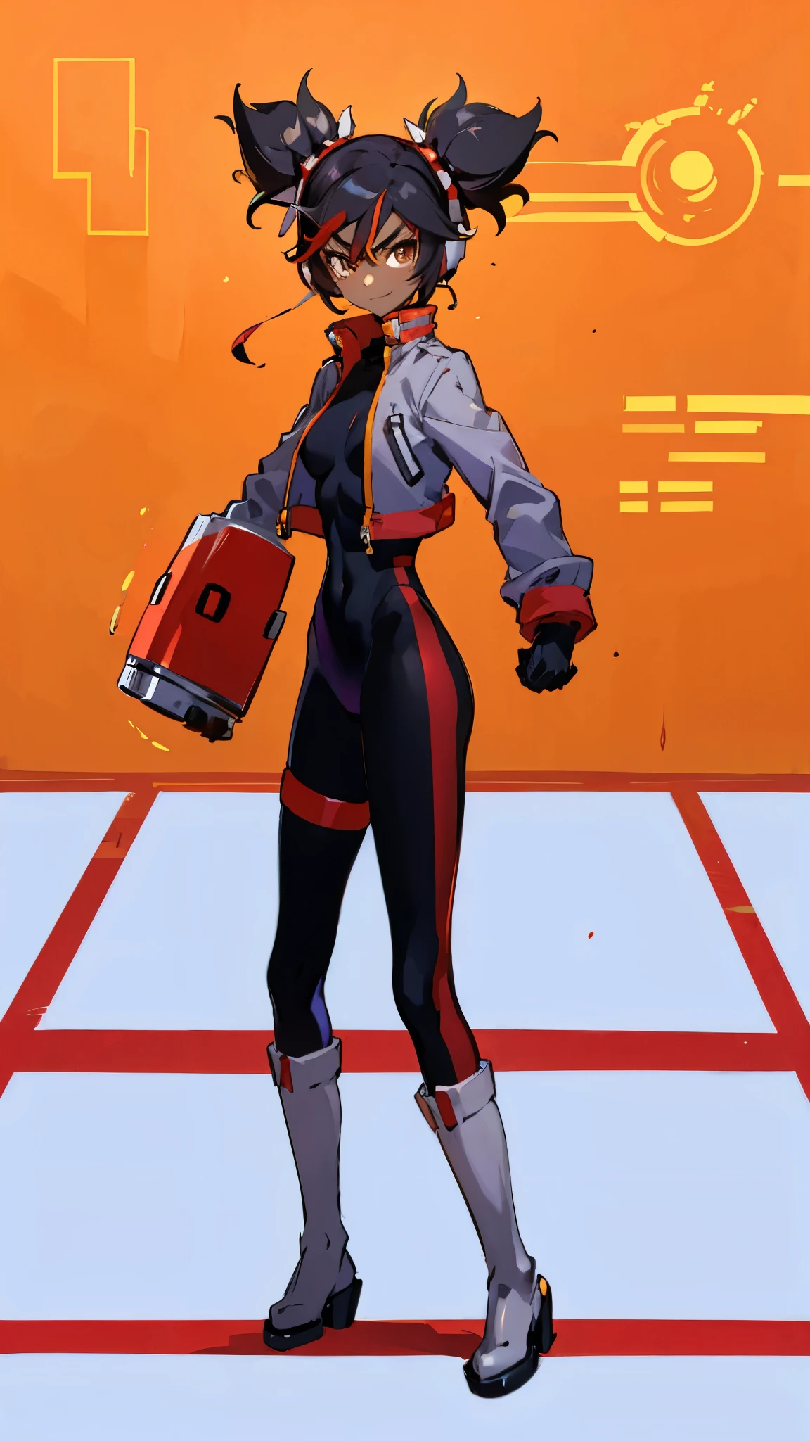 (Best quality, anime style, good anatomy, NetNavi style (MMBN))1 girl, tanned skin, brown eyes, angry, smile, black hair, short twintails, spike scrunchies, headphones, black bodysuit with lateral red lines, grey jacket, black gloves, right arm red plasma cannon(Megaman), grey boots, cibernetic world background, colorful