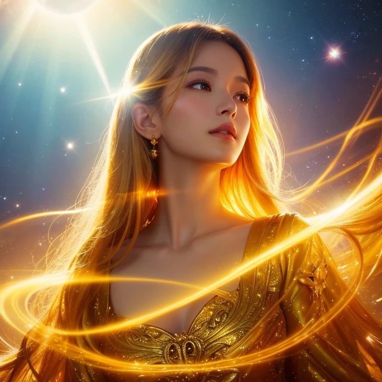 Close-up of a woman wearing a golden dress、The background is shining with a halo.、Abstract images, Beautiful Celestial Magician, Heavenly Goddess, Golden ethereal light, Fantastic fantasy, Beautiful Fantasy Empress,, Goddess of space and time, Shining golden aura, Goddess of Light, A surprisingly young and mysterious person,