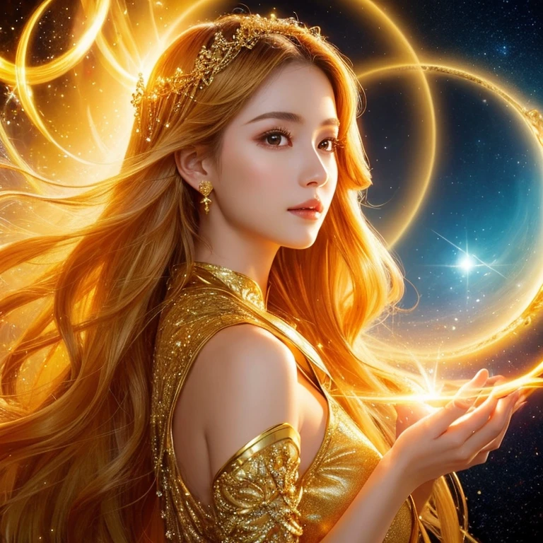 Close-up of a woman wearing a golden dress、The background is shining with a halo.、Abstract images, Beautiful Celestial Magician, Heavenly Goddess, Golden ethereal light, Fantastic fantasy, Beautiful Fantasy Empress,, Goddess of space and time, Shining golden aura, Goddess of Light, A surprisingly young and mysterious person,
