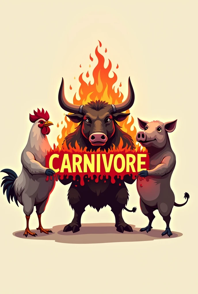 White sign logo with the word in red and 3D: CARNIVORE, burning in fire, but held by a chicken, a bull and a pig, minimalism illustration.