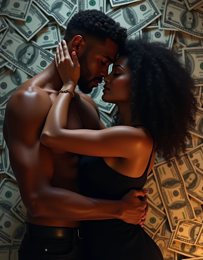 a cover of a narco romantic novel, (A young Black African American man with short hair, handsome and a beautiful Afro-Latina woman with dark chocolate skin and a glorious curvy body, 21 years, Round and firm breasts, wide and generous hips, a black dress with a low neckline that hugs her in a passionate pose, stacks of dollar bills, dramatic lighting, cinematographic, hyper detailed, 8k, Intricate, oil painting, dramatic shadows, high contrast, vibrant colors, moody, chiaroscuro, romantic, sensual, intimate, cinematographic composition