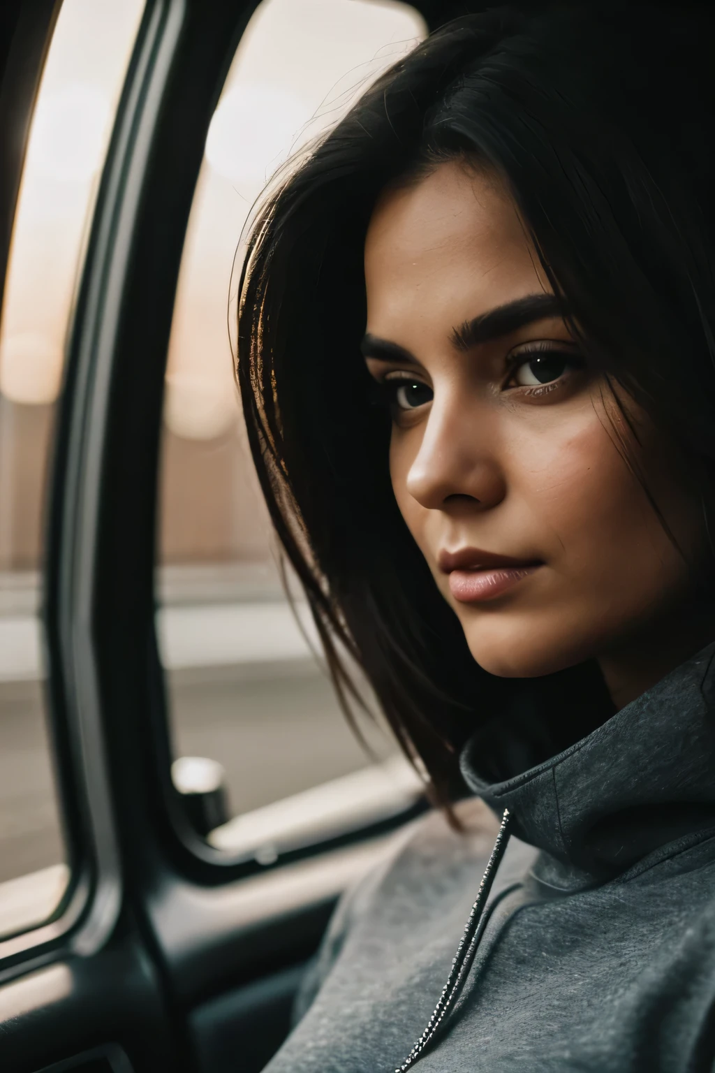 A stunning and intricately detailed close-up portrait of (Woman:1) , wearing a sweatshirt and skinny jeans, epic character composition, sharp focus, light-dark lighting underground dispersion, f2, 35mm, film grain, , por Edward Weston,
