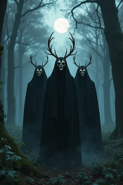 Group of 3 dressed in black cape, black t-shirt, Black pants and black dress shoes with a deer bone mask in a forest full of trees at night floating high 